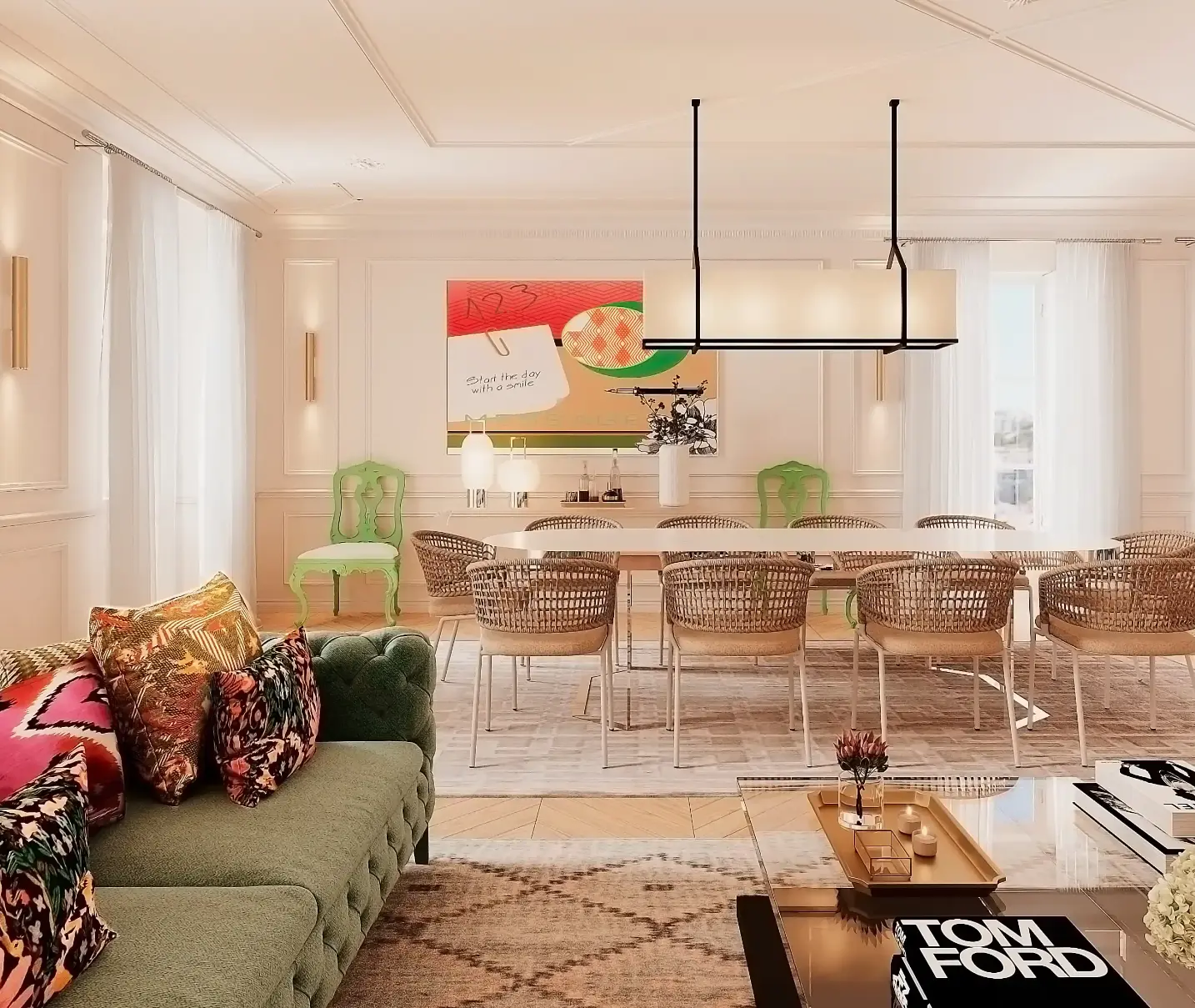 Sophisticated dining room with a light-colored rectangular table, rope chairs with metal frames, and two classic green chairs